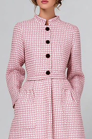 Pink A-Line Long Sleeve High Neck Work Dress